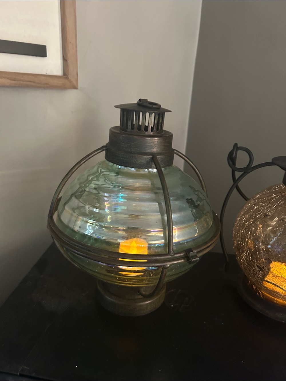 Vintage Aqua Glass Globe Lantern with Metal Cage
